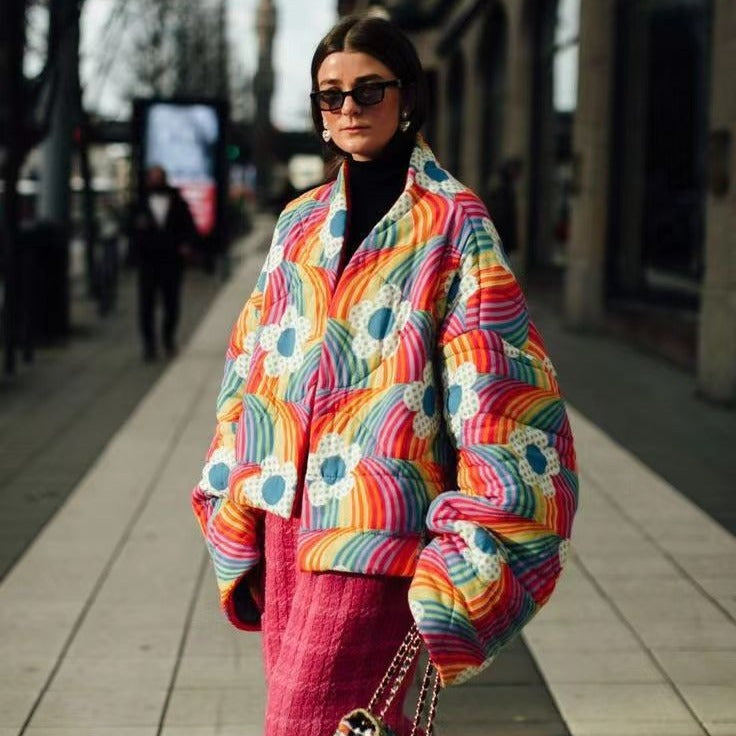 Women Short Oversized Padded Jacket with Colorful Rainbow Stripes and Flower Application Mune Fashion