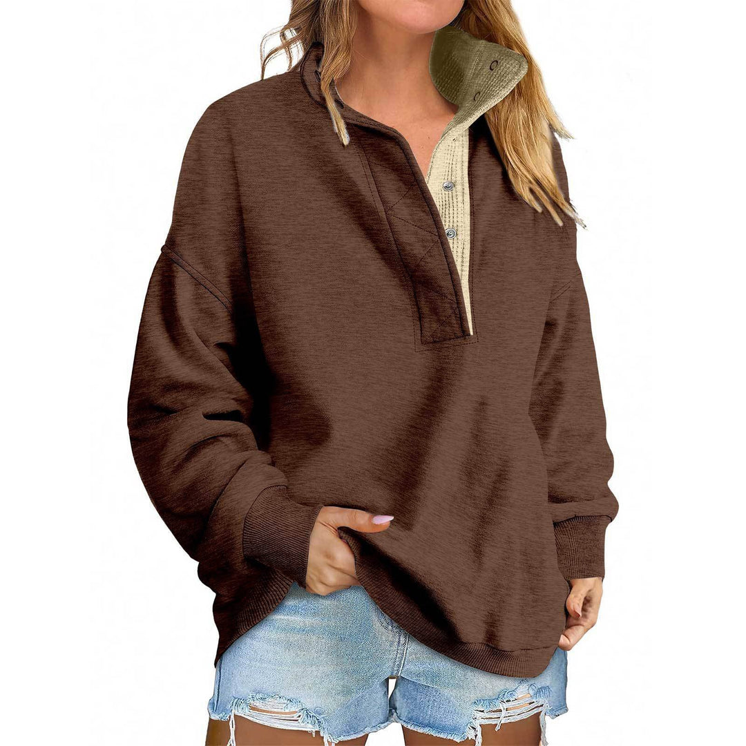 Women's Oversized Henley Sweatshirt with Stand-Up Collar and Snap Button Placket Mune Fashion