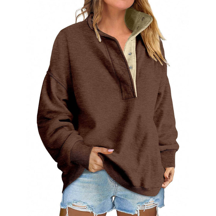 Women's Oversized Henley Sweatshirt with Stand-Up Collar and Snap Button Placket Mune Fashion