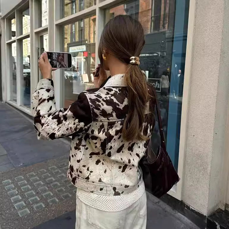 Women's Cropped Shirt Jacket with Cow Spot Pattern and Patch Chest Pockets Mune Fashion