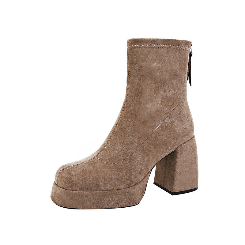 Women's platform ankle boots made of suede with a high block heel