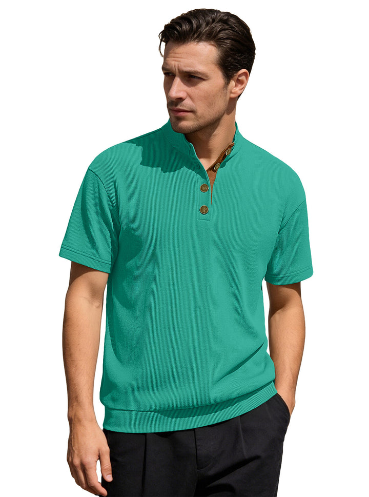 Men's Waffle Structure Short Sleeve Henley with Stand-Up Collar and Decorative Button Placket Mune Fashion