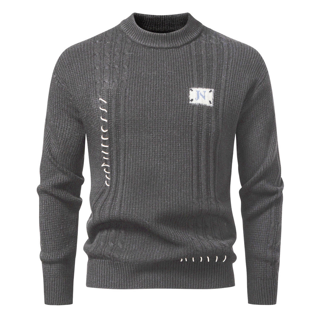 Men's Structured Ribbed Knit Pullover with Decorative Seams and Logo Patch Mune Fashion