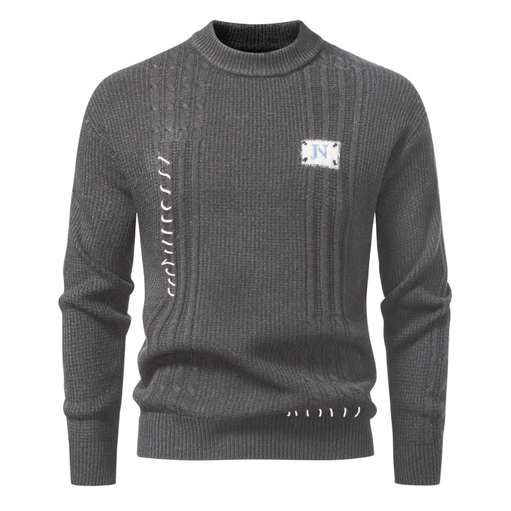 Men's Structured Ribbed Knit Pullover with Decorative Seams and Logo Patch Mune Fashion