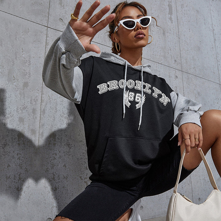 Women's Oversized Hoodie in College Style with Color Block Sleeves, Kangaroo Pocket and Drawstring