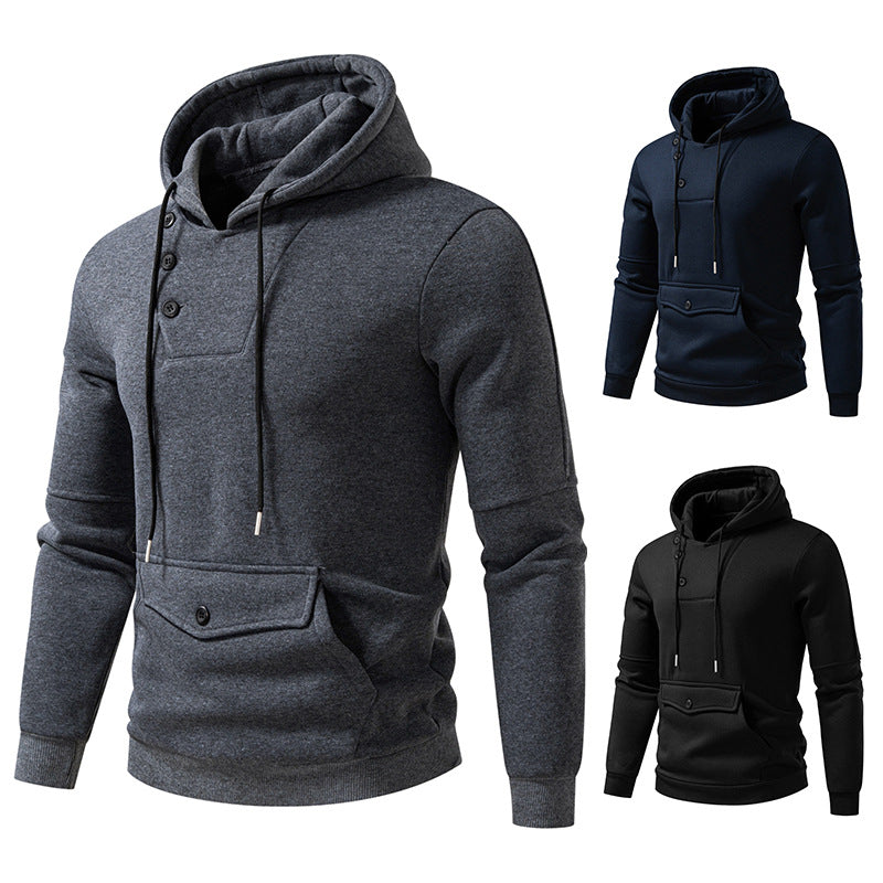 Men's Oversized Cotton Fleece Hoodie with Asymmetric Button Placket and Patch Kangaroo Pocket Mune Fashion