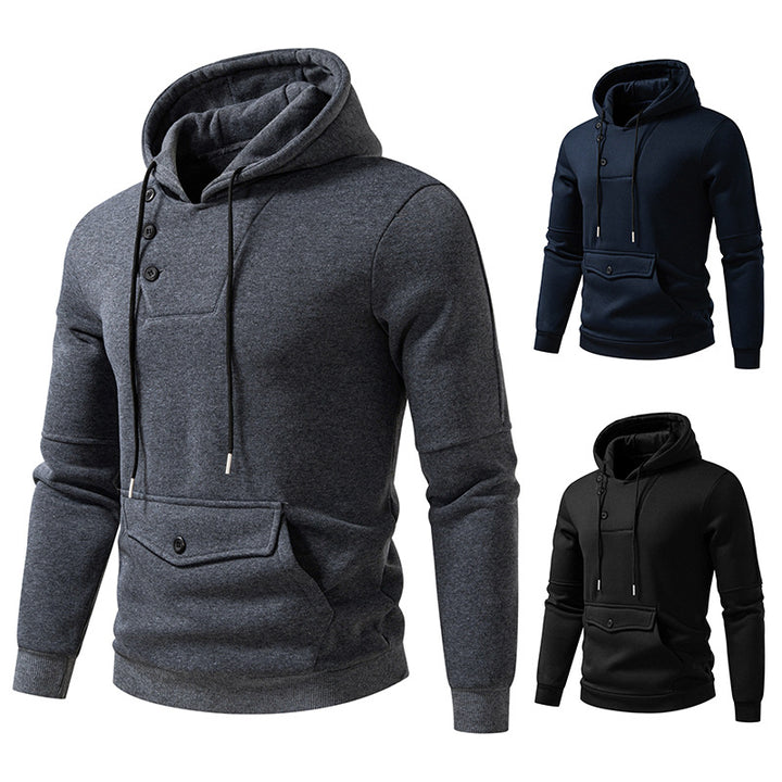 Men's Oversized Cotton Fleece Hoodie with Asymmetric Button Placket and Patch Kangaroo Pocket Mune Fashion