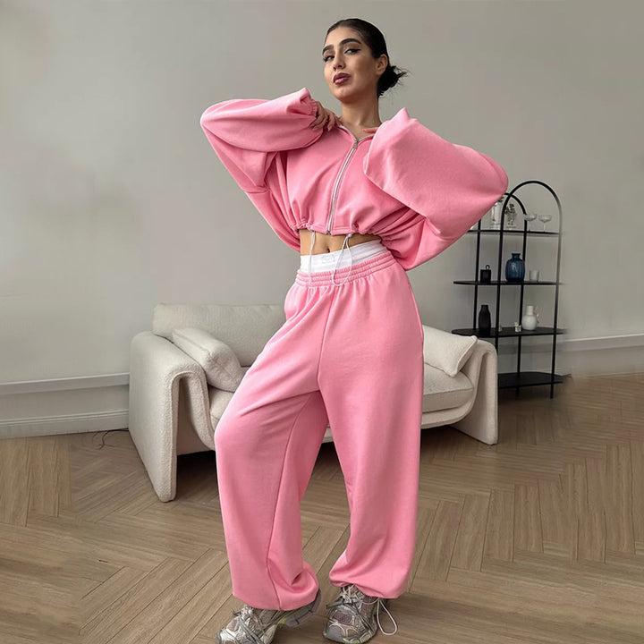 Women nan cropped zipper hoodie with drawstring hem and wide sweatpants cut Mune Fashion