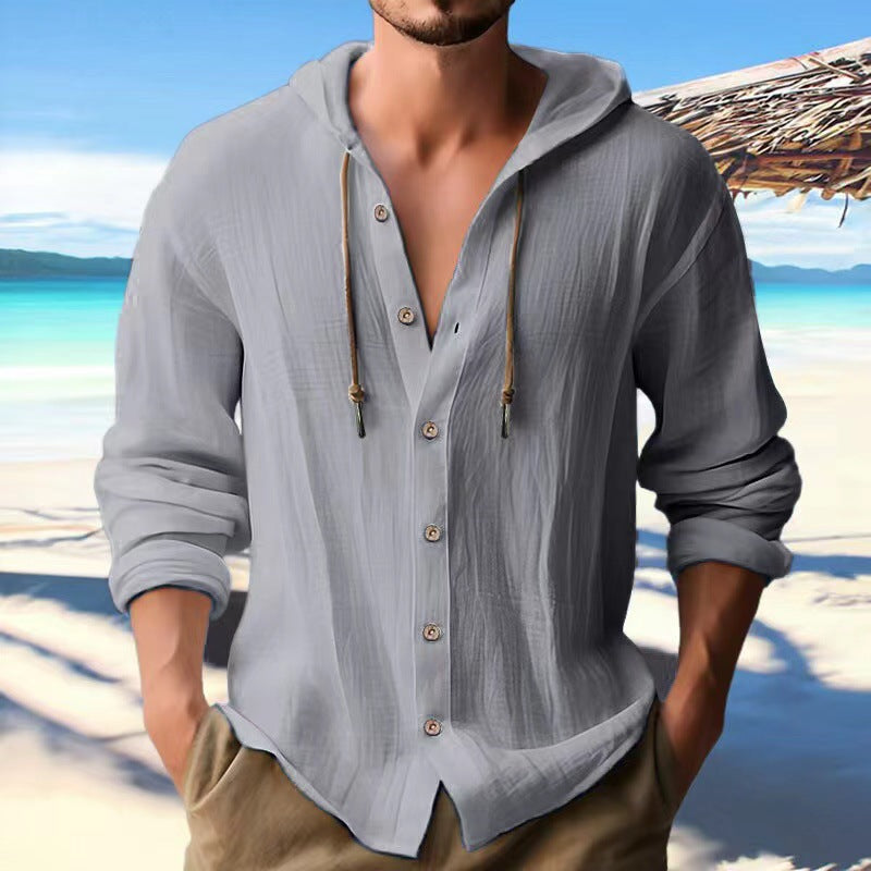 Men's lightweight hoodie shirt in linen look with full button placket Mune Fashion
