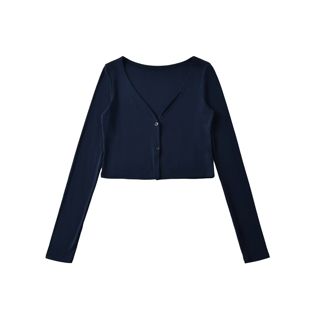 Women Cropped Jersey Cardigan with Deep V-Neck and Narrow Button Placket Mune Fashion