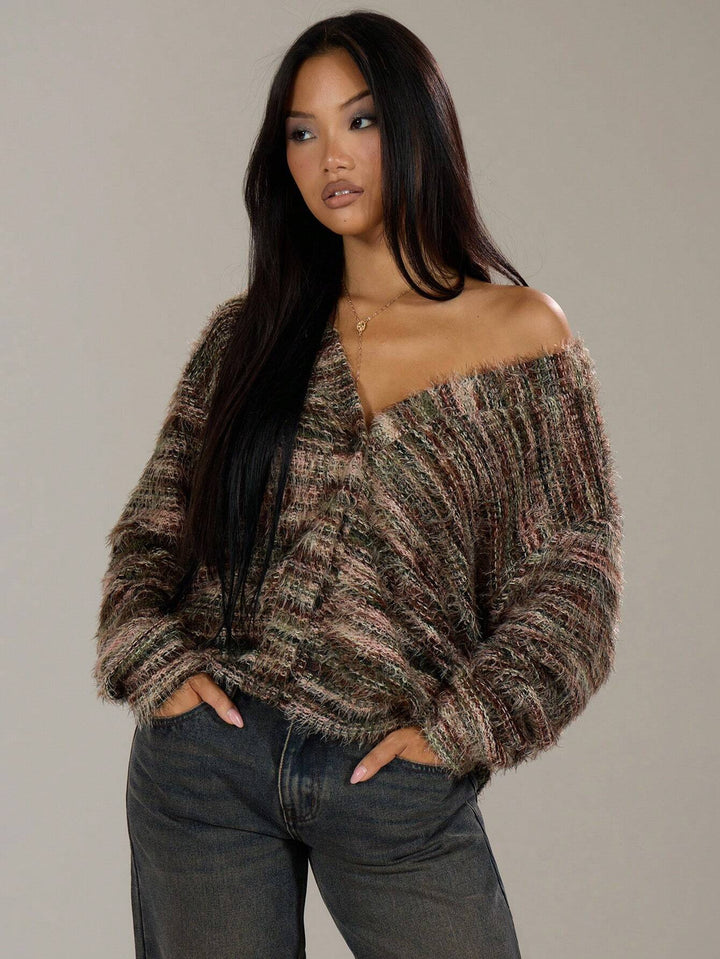 Women's Oversize Fuzzy Sweater with Wide Carmen Neckline and Mélange Knit Structure Mune Fashion