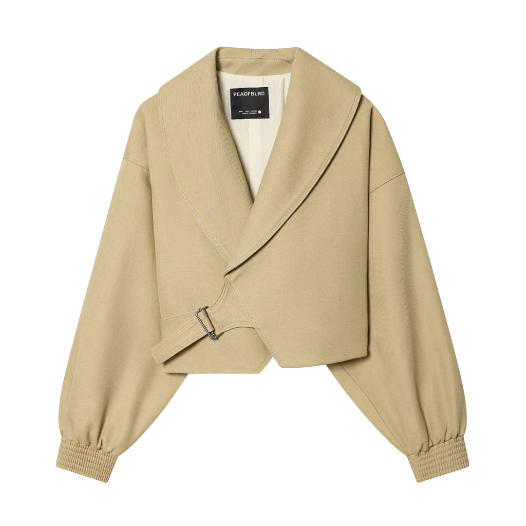 Women short wrap jacket with large shawl collar, belted waist and balloon sleeves Mune Fashion