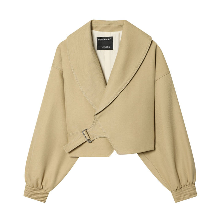 Women short wrap jacket with large shawl collar, belted waist and balloon sleeves Mune Fashion