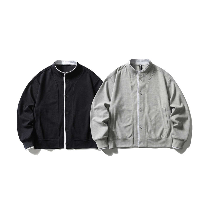 Unisex Short Cut Boxy Blouson Jacket with Waffle Structure, Stand-Up Collar and Contrast Piping Mune Fashion
