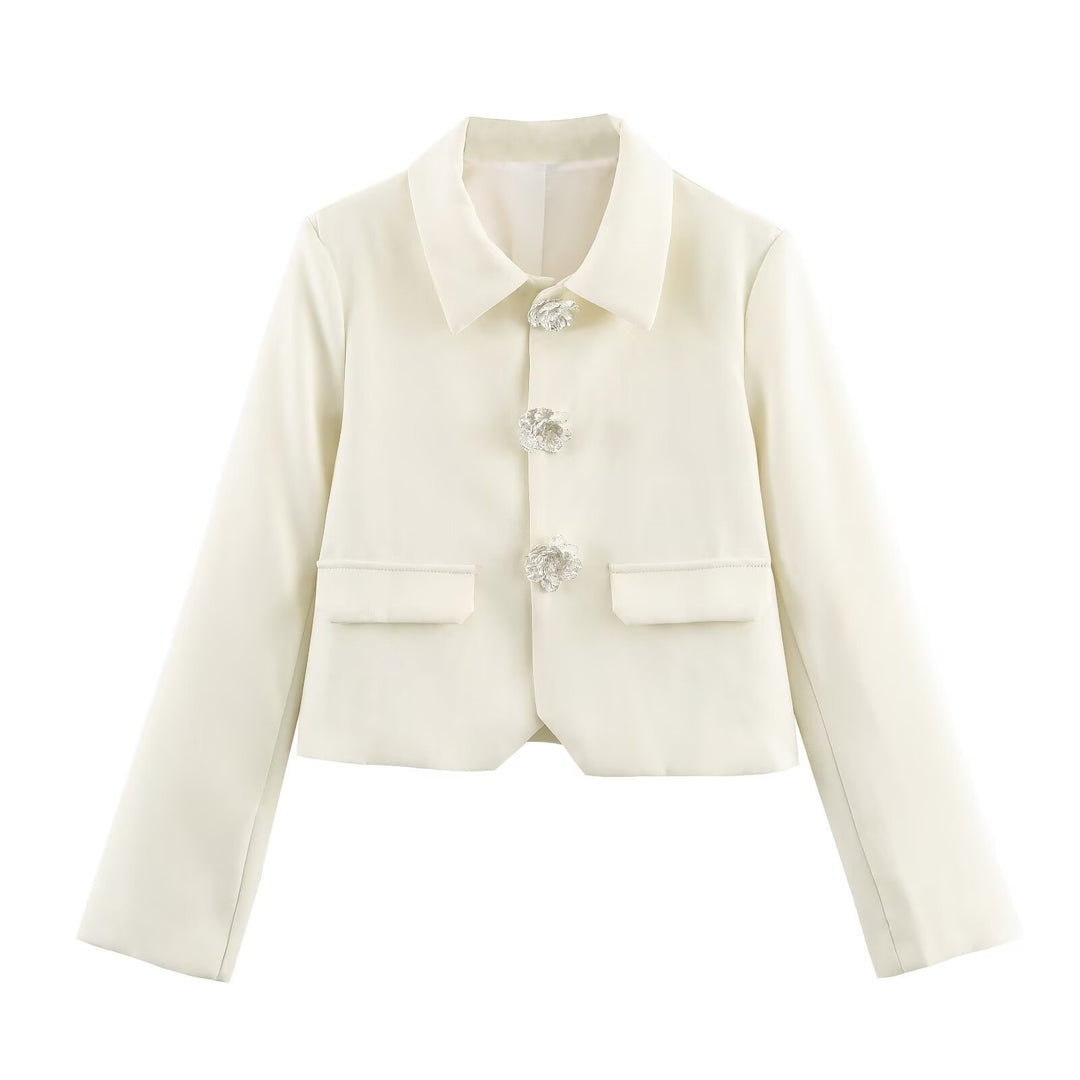 Women’s short blazer with decorative flower buttons and flap pockets Drune