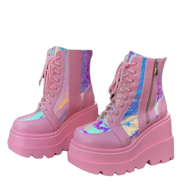 Ladies' platform biker boots with holographic inserts, lacing, and side zipper Mune Fashion