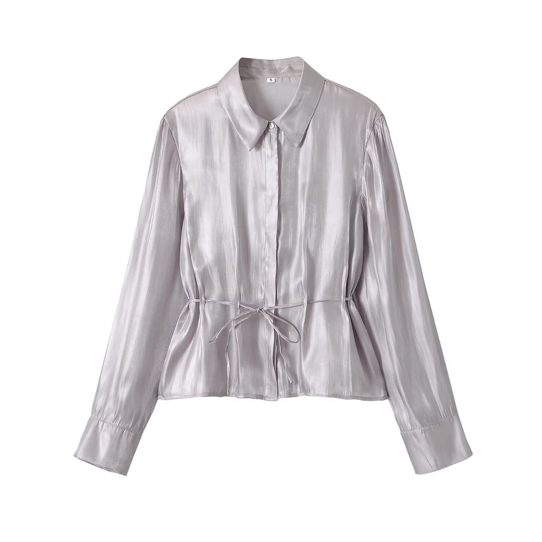Ladies silk matte tailored shirt blouse with drawstring and concealed button placket Mune Fashion