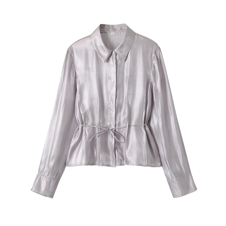 Ladies silk matte tailored shirt blouse with drawstring and concealed button placket Mune Fashion