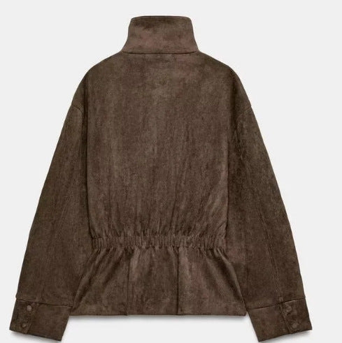 Women Short Blouson made of Artificial Leather with Double-Breasted Button Placket and Shoulder Cape Mune Fashion