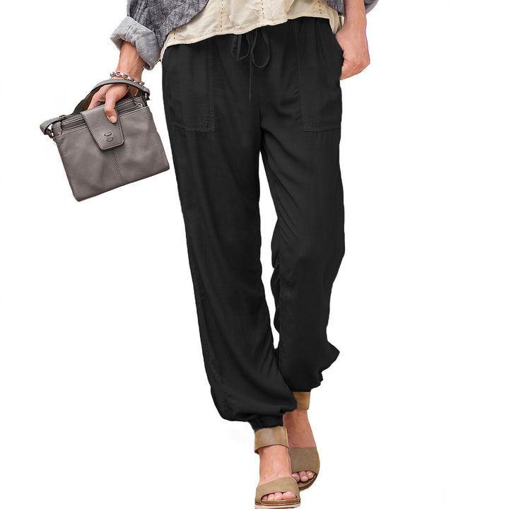 Women casual linen look jogging pants with drawstring, patch pockets and elastic cuffs Mune Fashion