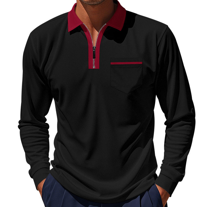 Men's long-sleeved zip polo shirt with chest pocket and contrast collar Mune Fashion