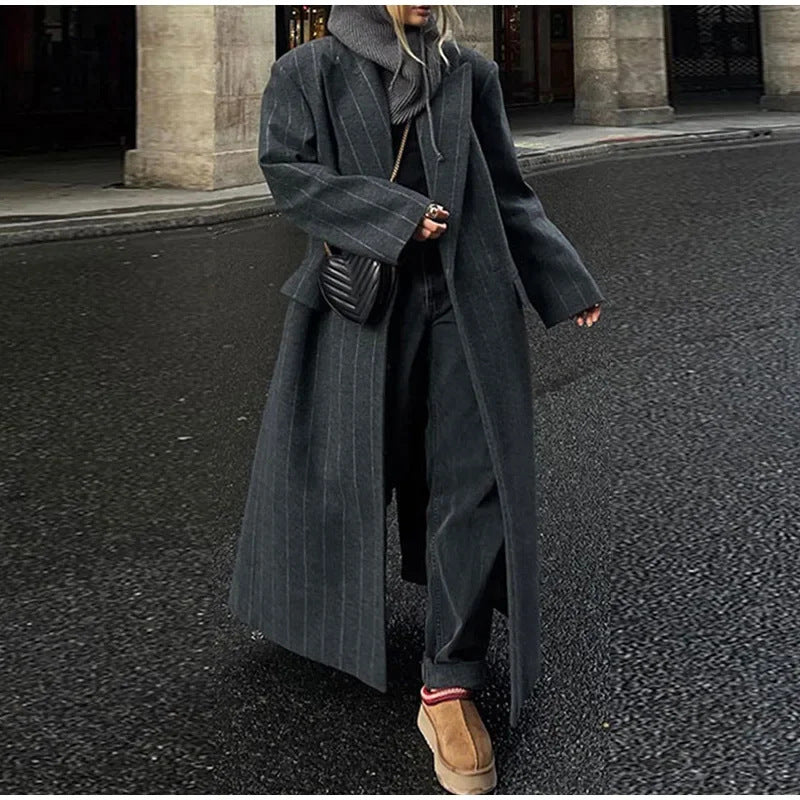 Ladies long tailored pinstripe wool blend coat with lapel collar and patch pockets Mune Fashion