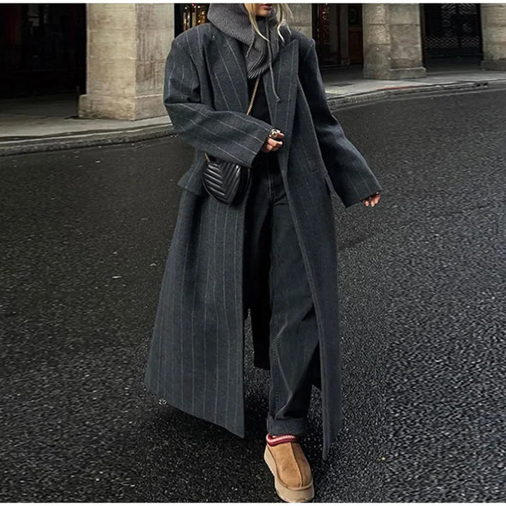 Ladies long tailored pinstripe wool blend coat with lapel collar and patch pockets Mune Fashion