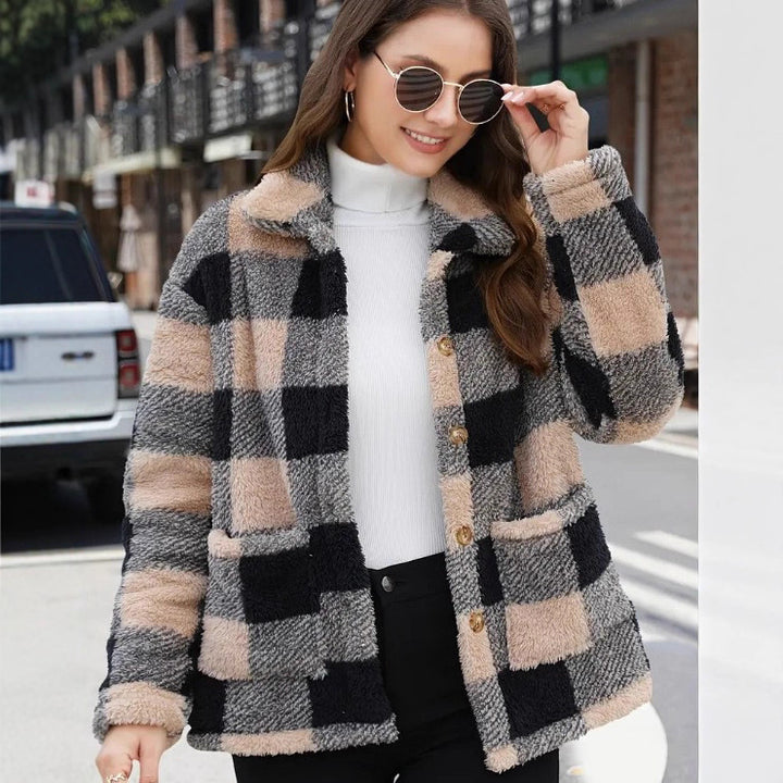 Ladies non-padded checkered teddy fleece shacket with button placket and patch pockets Mune Fashion