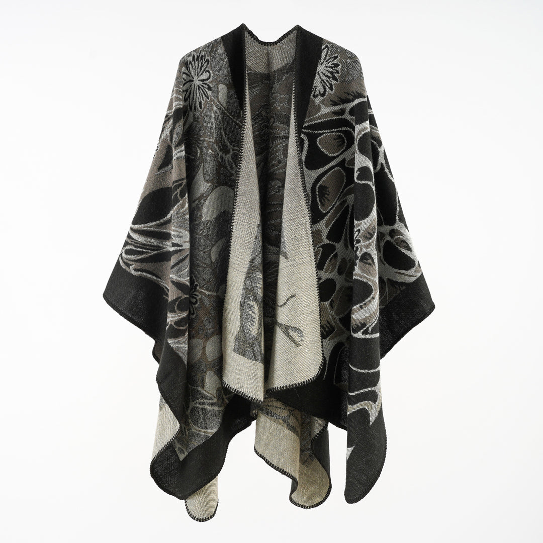 Women's Wool Blend Jacquard Cape with Open Kimono Silhouette
