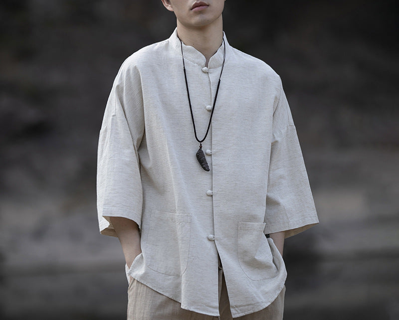Men's Oversized Shirt in Kimono Style made of Linen-Cotton Mix with Stand-Up Collar Mune Fashion