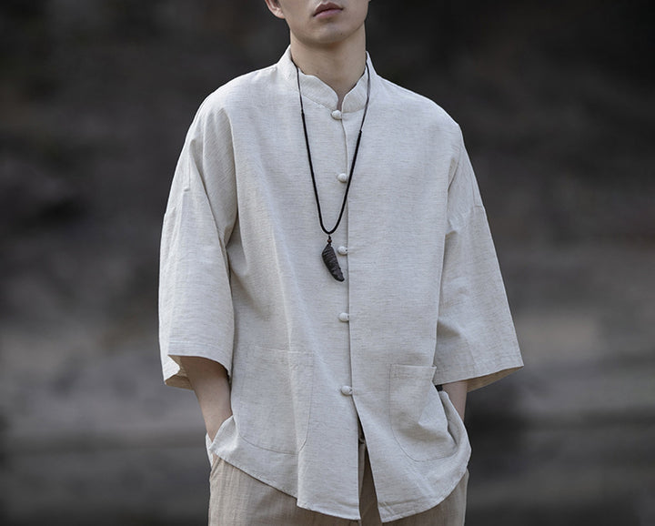 Men's Oversized Shirt in Kimono Style made of Linen-Cotton Mix with Stand-Up Collar Mune Fashion