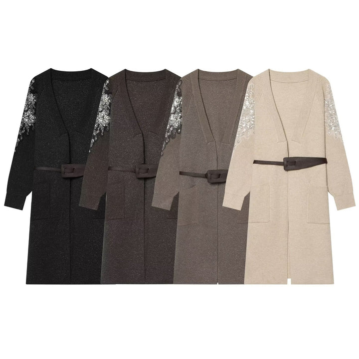 Women's Long Knit Coat-Cardigan with Waist Belt and Sequin Sleeves Mune Fashion