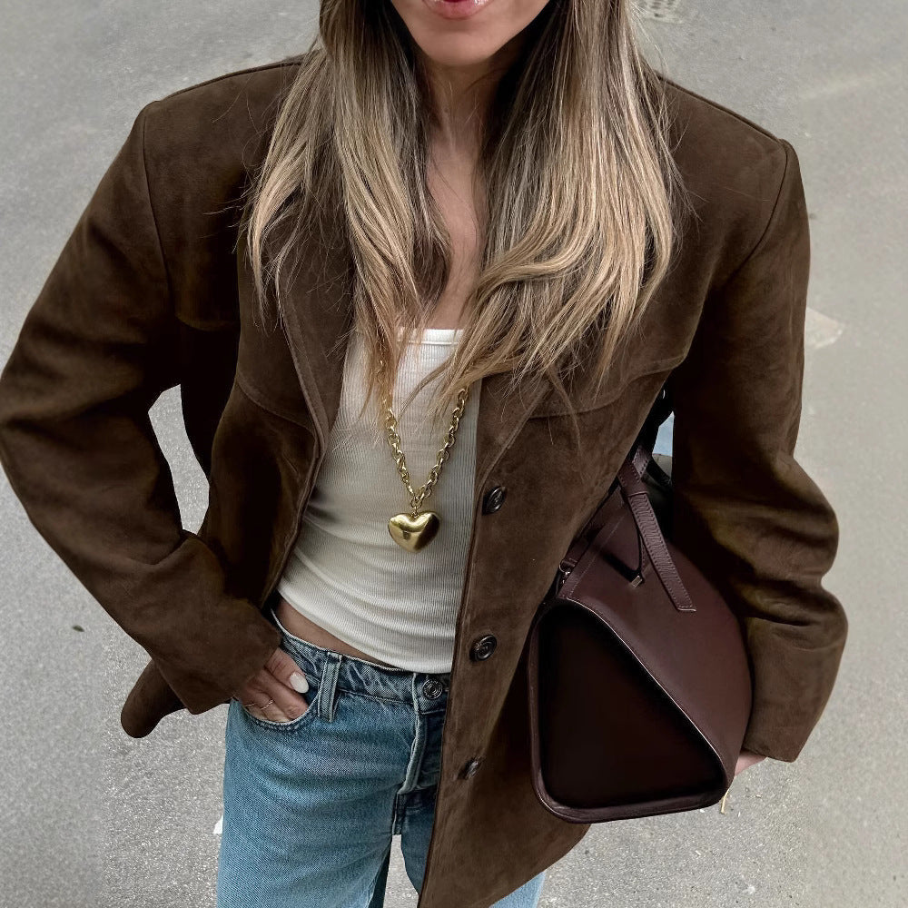 Women's Oversized Suede Blazer with Lapel Collar and Flap Pockets Mune Fashion