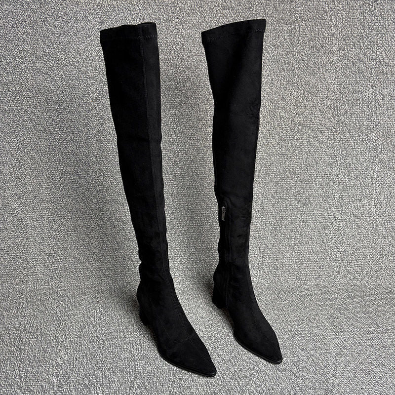 Ladies Over-the-knee Boots with pointed toe, elastic shaft and sculpted block heel Mune Fashion