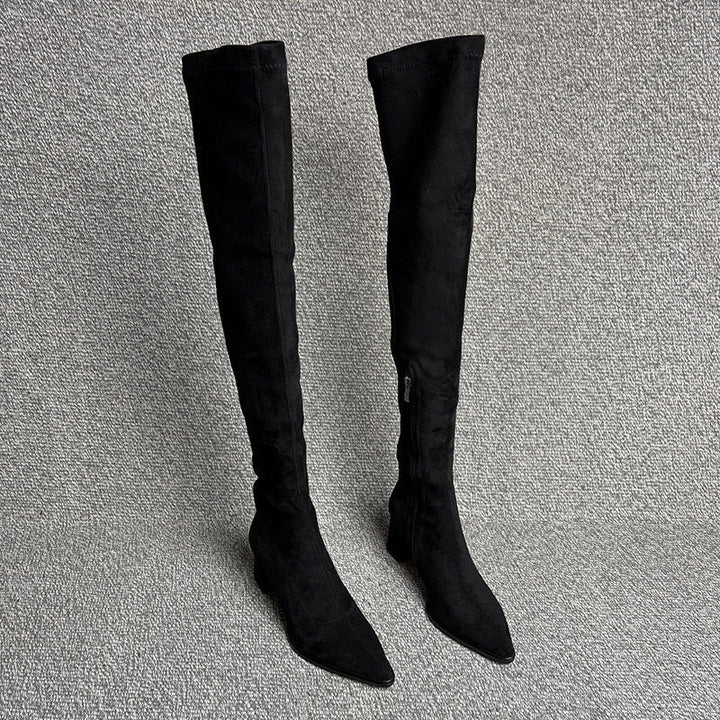 Ladies Over-the-knee Boots with pointed toe, elastic shaft and sculpted block heel Mune Fashion