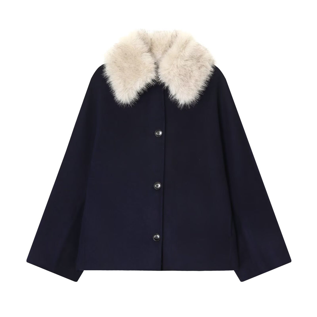 Women's wool cape with removable faux fur collar and concealed button placket Mune Fashion