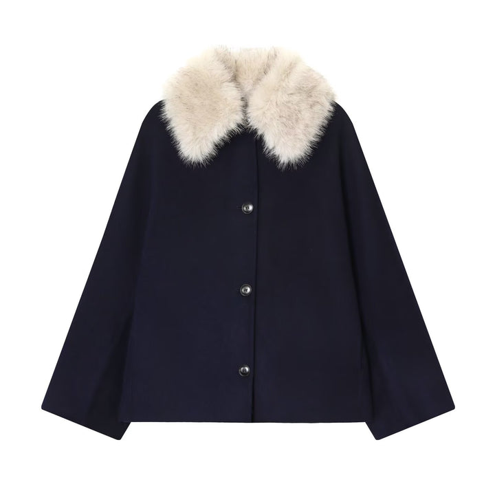 Women's wool cape with removable faux fur collar and concealed button placket Mune Fashion