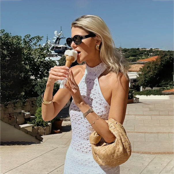 Women's Crochet Mini Dress with High Collar Mune Fashion