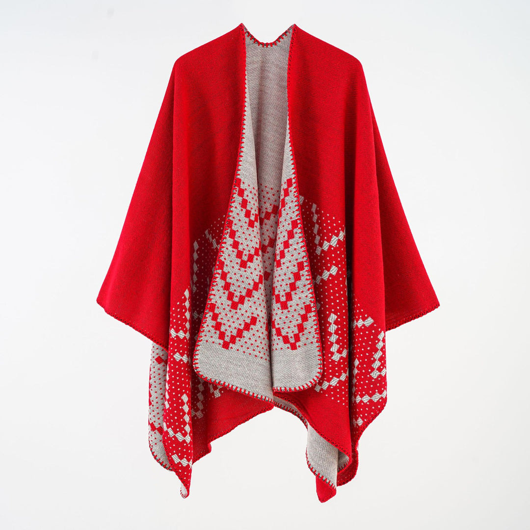 Women's Reversible Knit Poncho with Jacquard Pattern and Decorative Kettle Stitch Mune Fashion