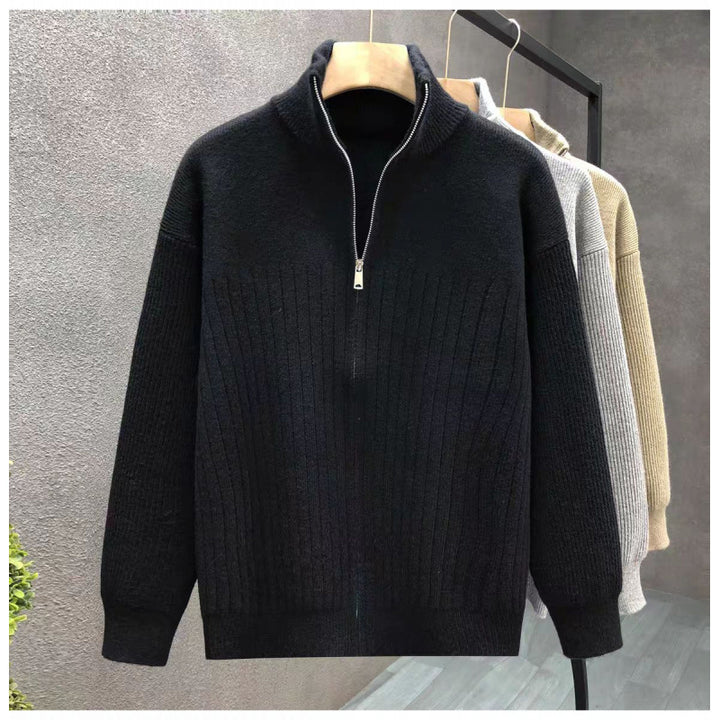 Men's Oversized Fine Knit Sweater with Half Zipper and Distinctive Ribbed Texture Mune Fashion