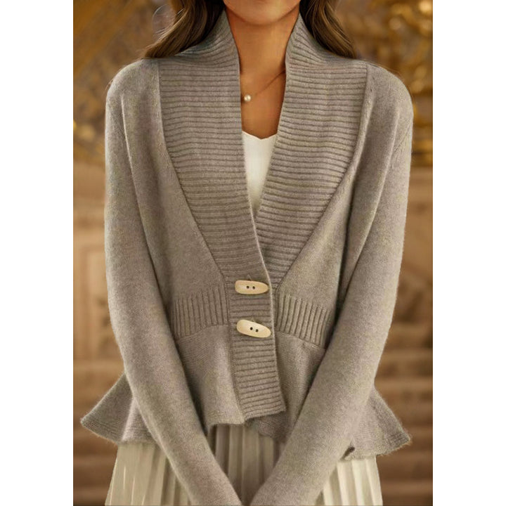 Women's plush knit cardigan with shawl collar, ribbed trim, and narrow flounce Mune Fashion