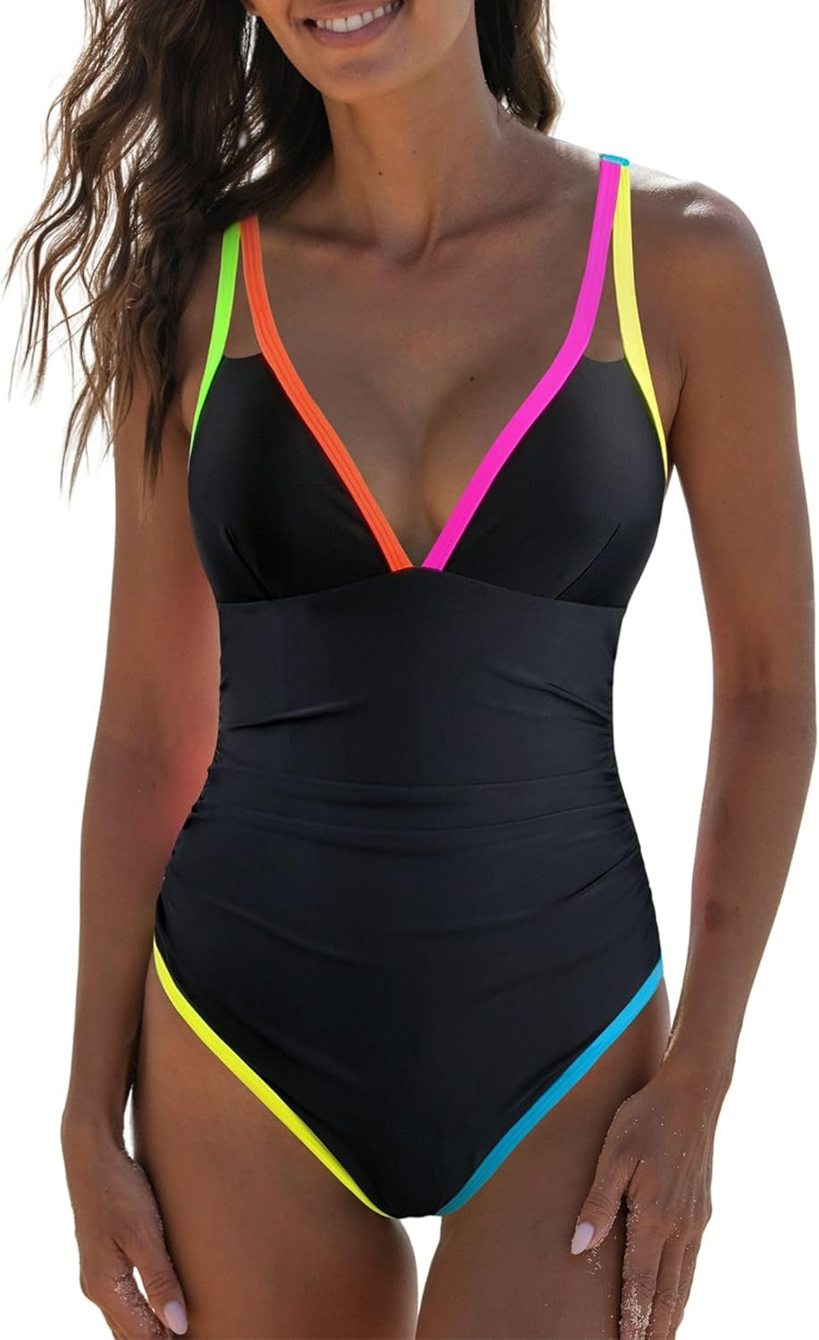 Women's One-Piece Swimsuit with Colorful Accents and Fashionable V-Neck Mune