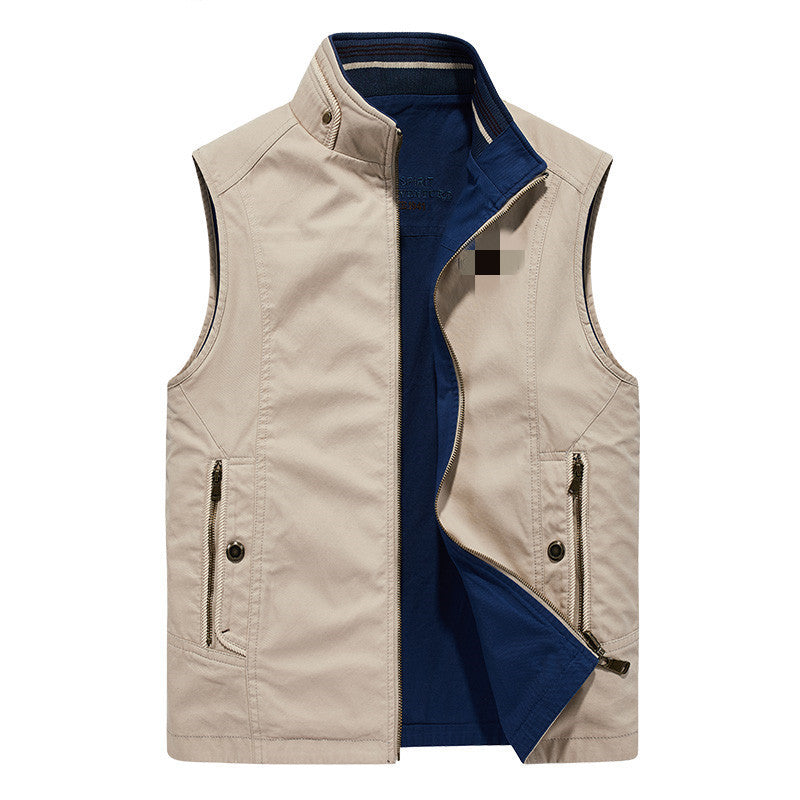 Men's Canvas Utility Vest with Stand Collar, Full-Length Zipper, and Multifunctional Outer Pockets Mune Fashion