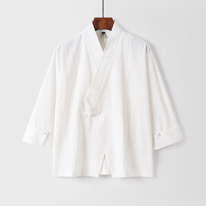 Men's Linen Kimono Jacket with Traditional Knot Closure and Medium-Length Sleeves Mune Fashion