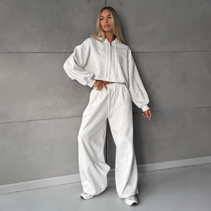 Women's loose-fitting cropped zip hoodie and palazzo jogger set Mune Fashion