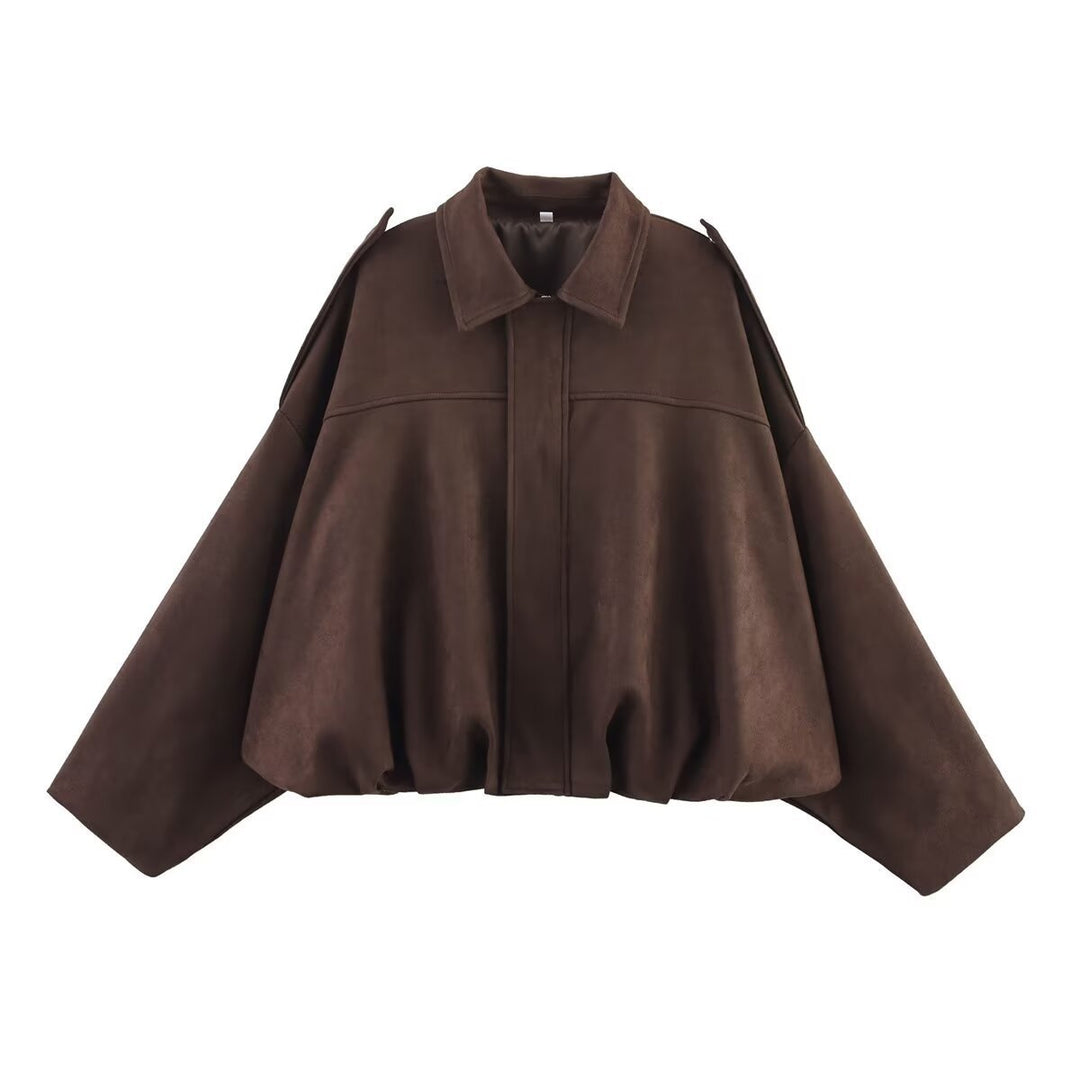 Women's Oversized Short Jacket with Balloon Hem, Shoulder Pads and Concealed Front Placket Mune Fashion