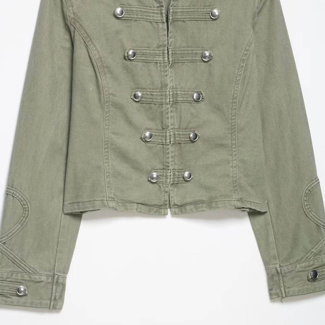 Women's short jacket in military look with stand-up collar, decorative flaps, and quilted sleeve patches Mune Fashion