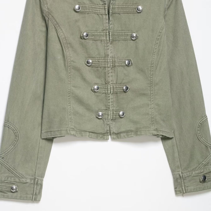 Women's short jacket in military look with stand-up collar, decorative flaps, and quilted sleeve patches Mune Fashion