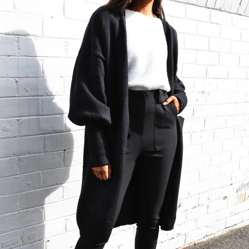 Women Oversized Long Cardigan with Volume Sleeves, Open Front and Patch Pockets Mune Fashion