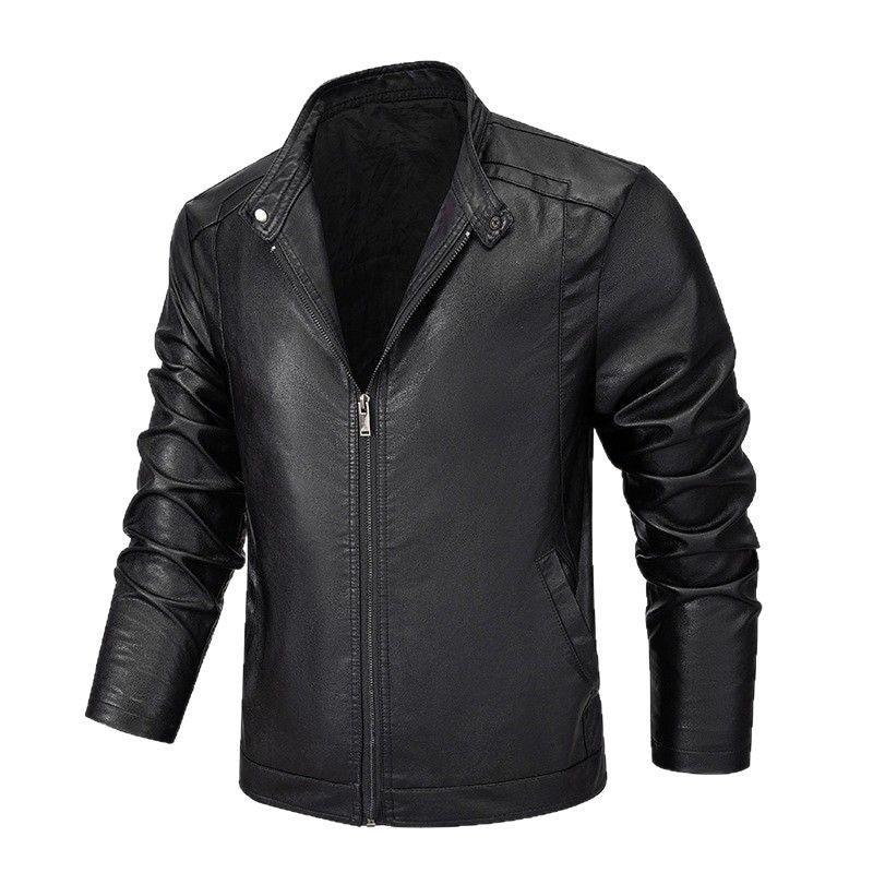 Men's Slim-Fit Faux Leather Zip Jacket with Stand Collar and Seam Panels Mune Fashion